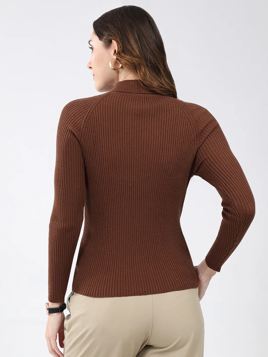 Women Brown Solid High Neck Full Sleeve Sceavy - Image 5