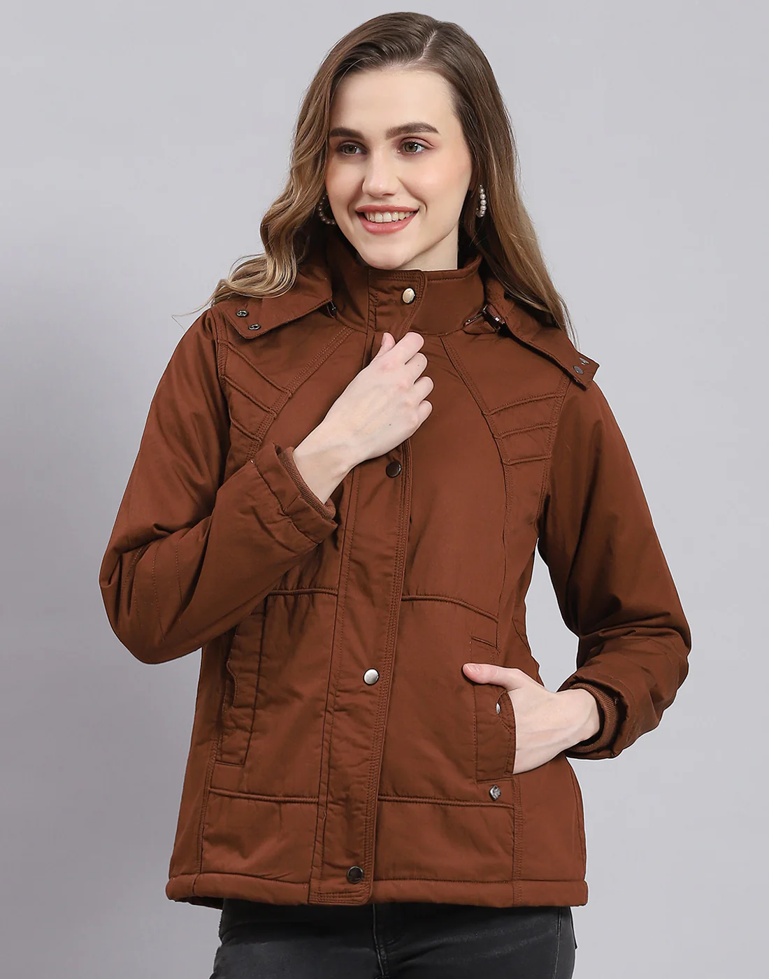 Women Brown Solid Hooded Full Sleeve Jacket - Image 2