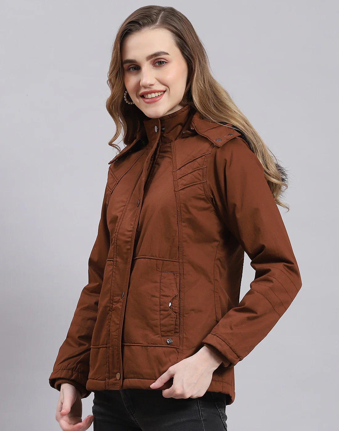 Women Brown Solid Hooded Full Sleeve Jacket - Image 3