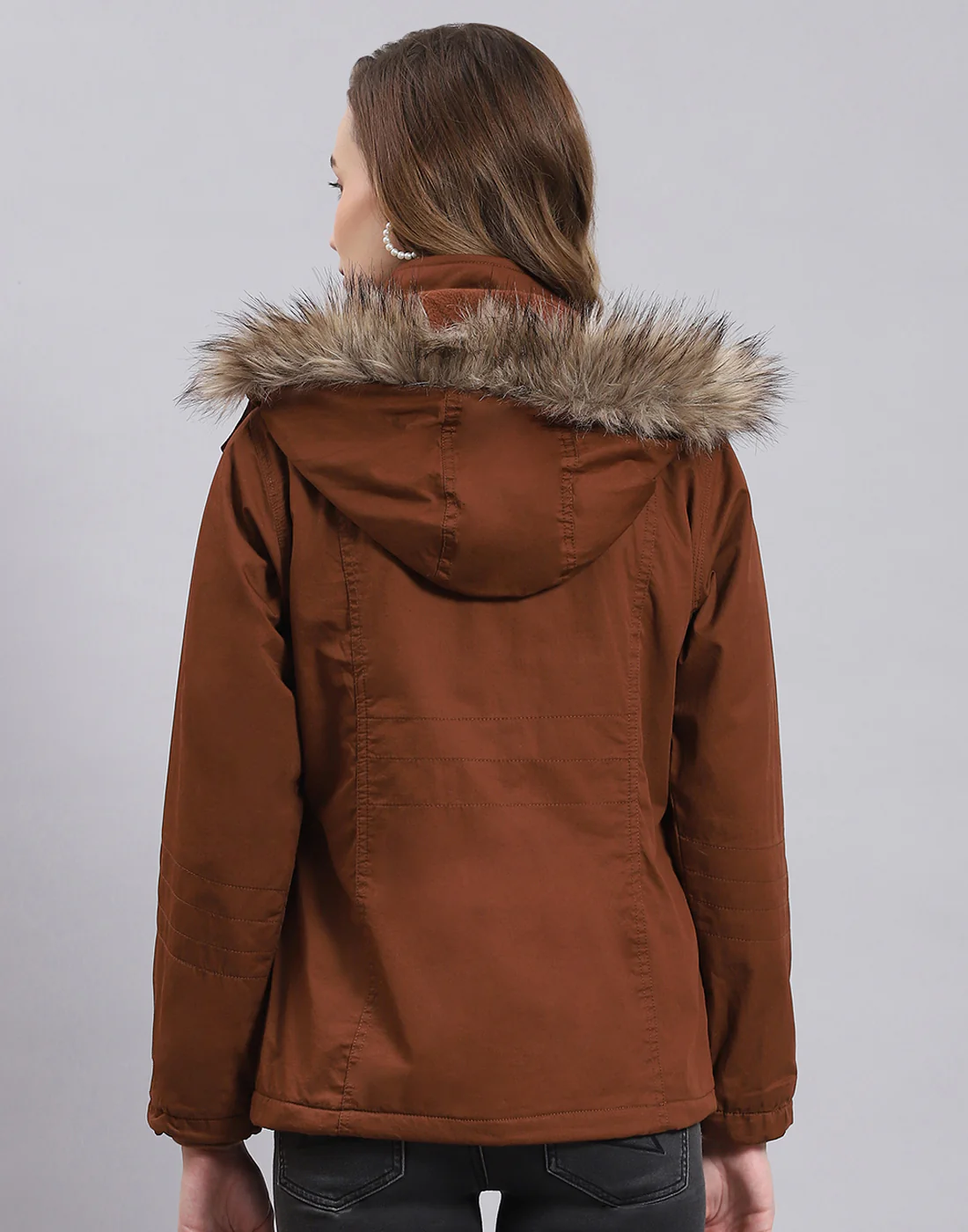 Women Brown Solid Hooded Full Sleeve Jacket - Image 5