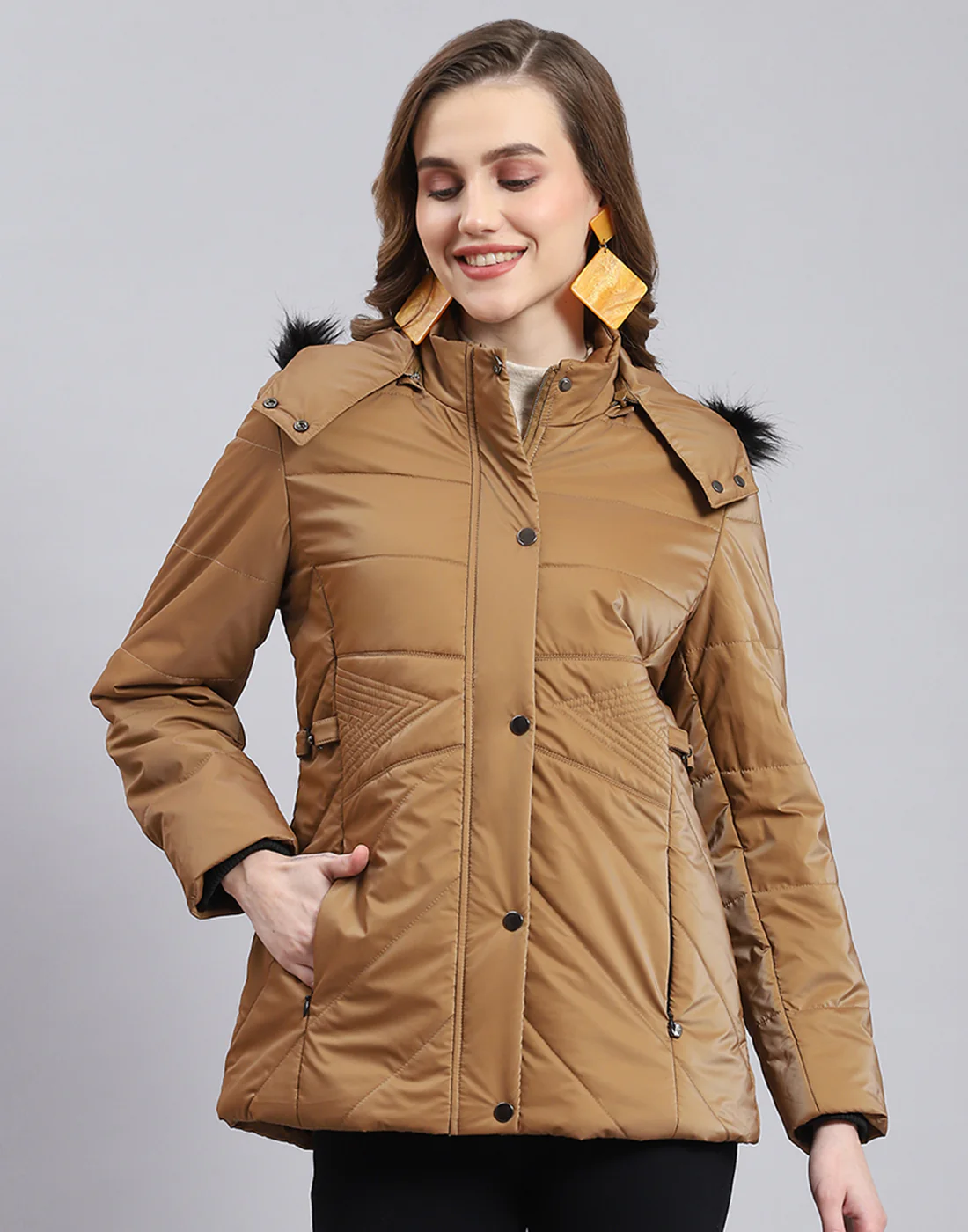 Women Brown Solid Hooded Full Sleeve Jacket - Image 2