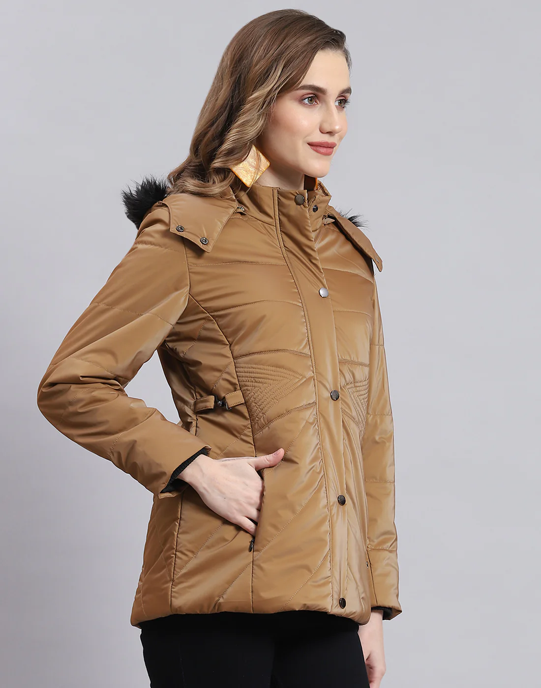 Women Brown Solid Hooded Full Sleeve Jacket - Image 4
