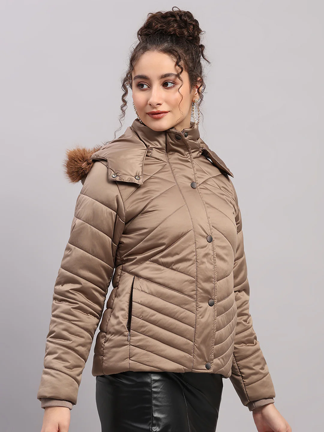 Women Brown Solid Hooded Full Sleeve Jacket - Image 4