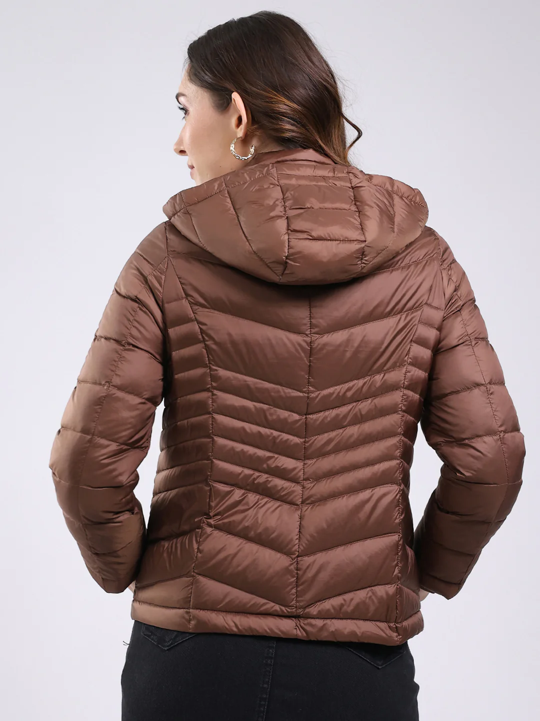 Women Brown Solid Hooded Full Sleeve Jacket - Image 5
