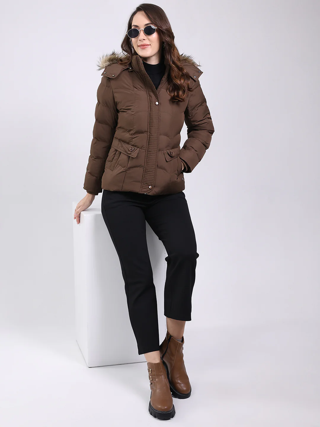 Women Brown Solid Hooded Full Sleeve Jacket - Image 2