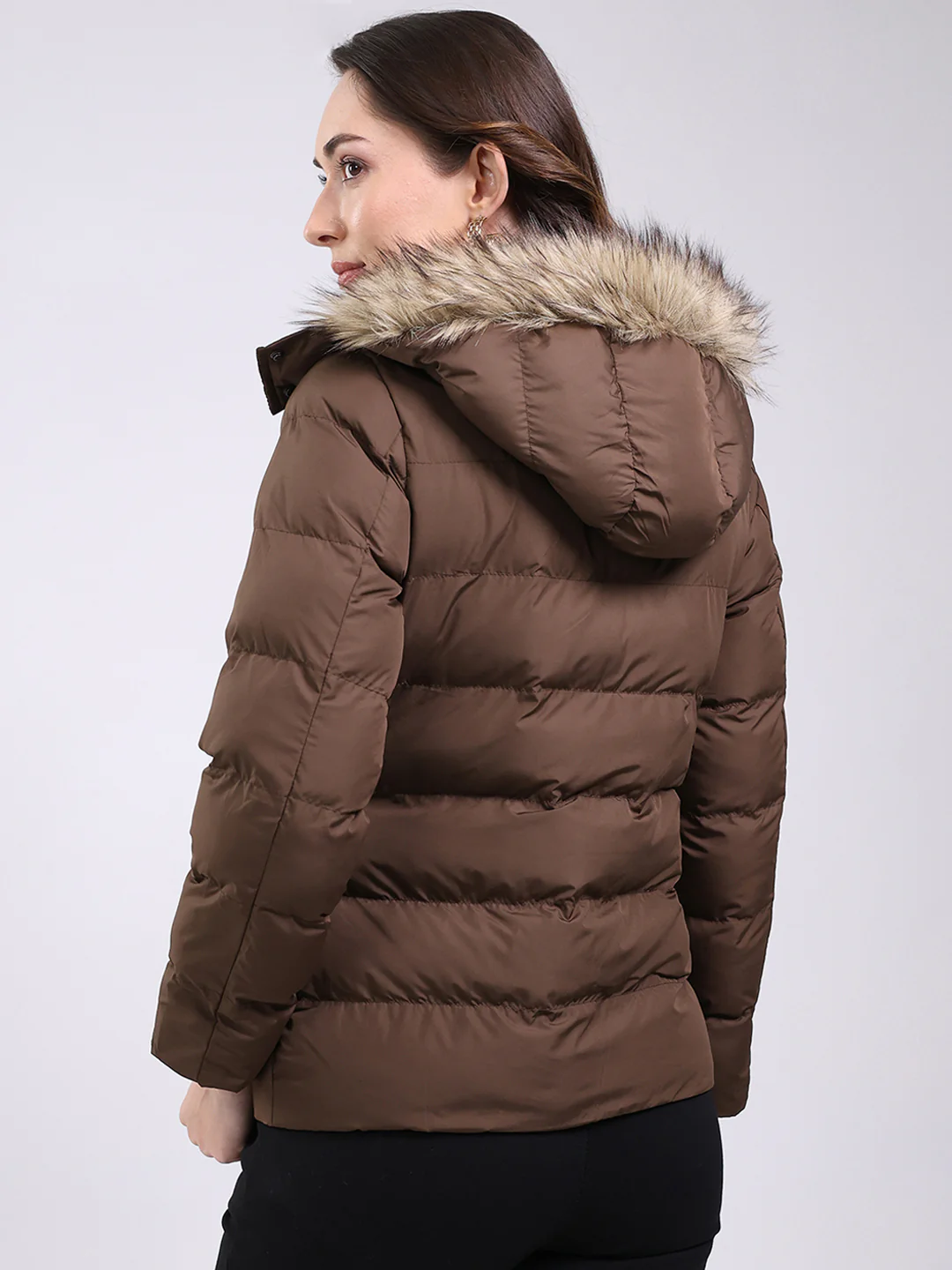 Women Brown Solid Hooded Full Sleeve Jacket - Image 5