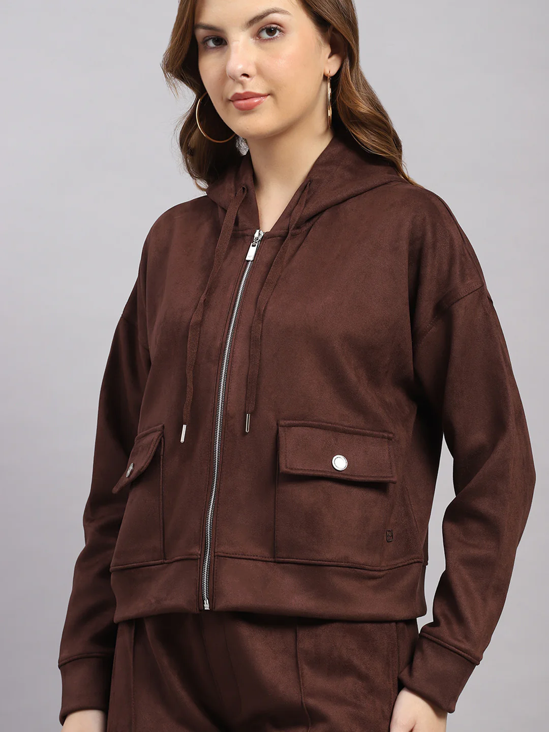 Women Brown Solid Hooded Full Sleeve Winter Tracksuit - Image 6