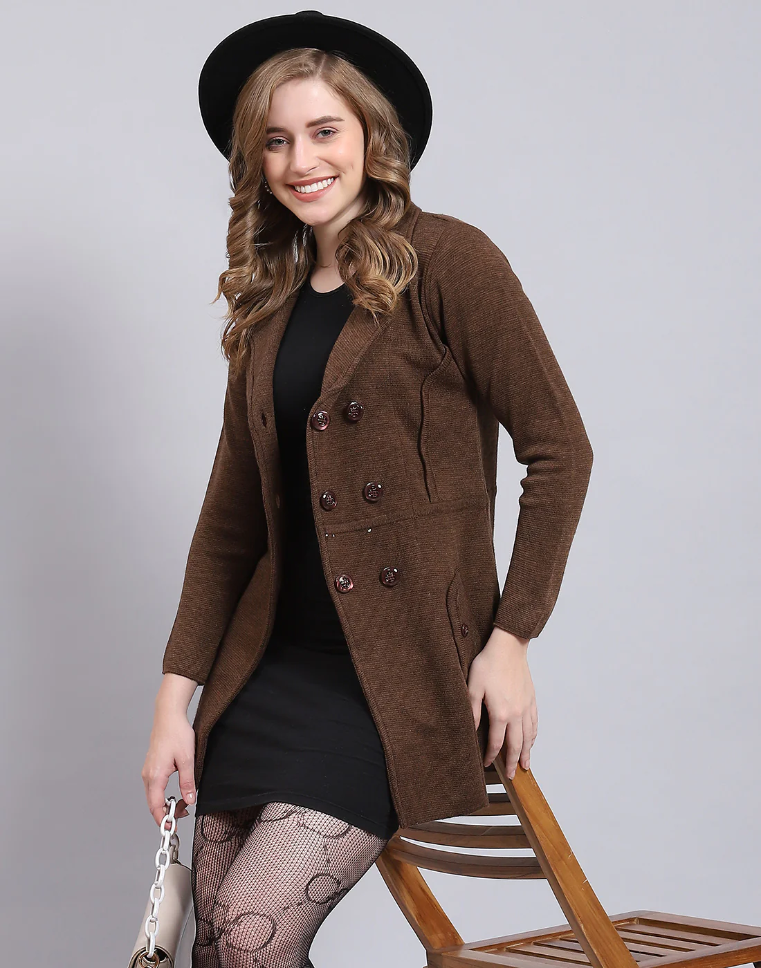 Women Brown Solid Lapel Collar Full Sleeve Cardigan - Image 2