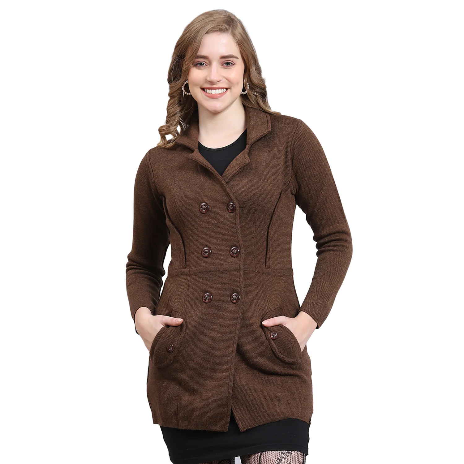 Women Brown Solid Lapel Collar Full Sleeve Cardigan - Image 5