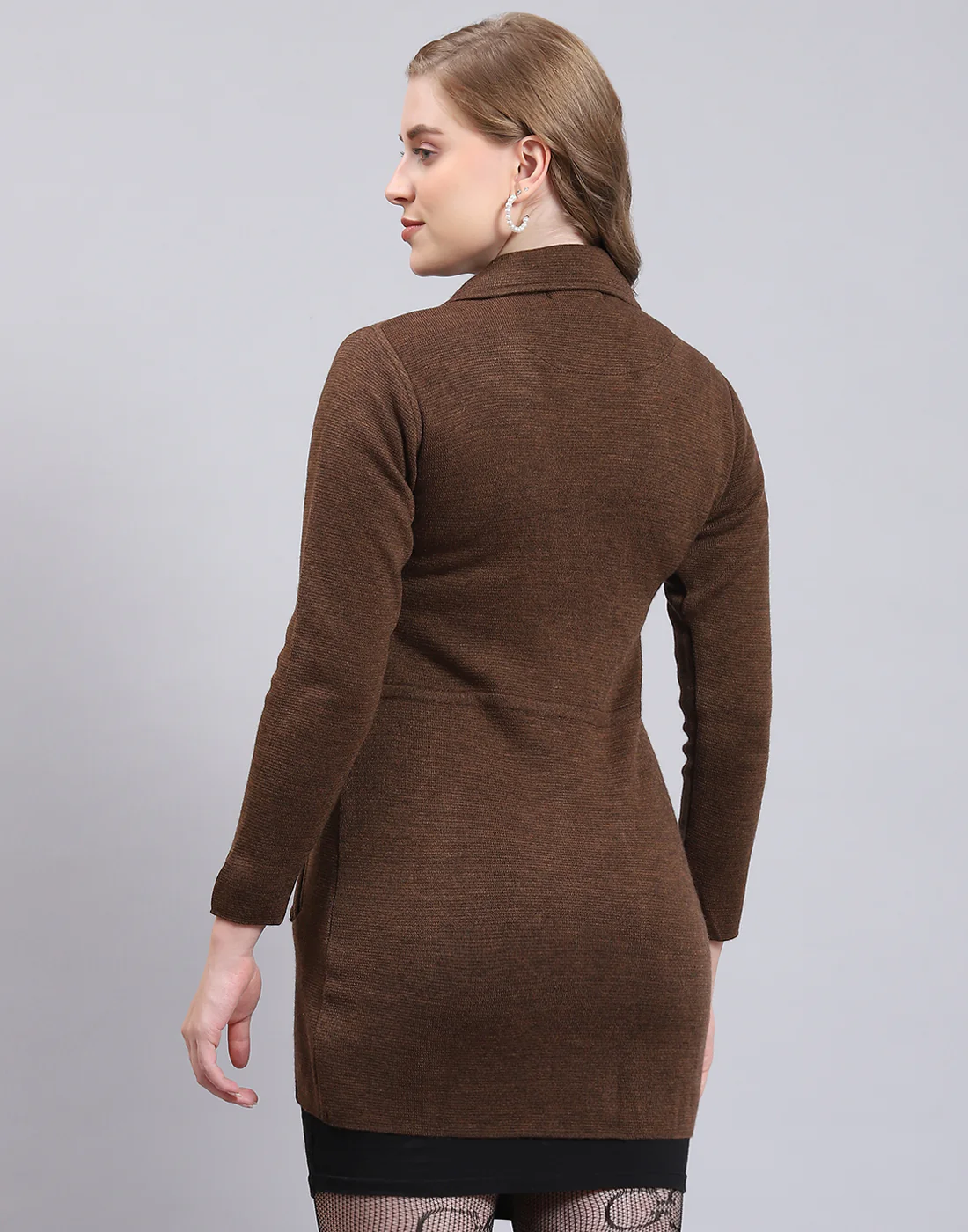 Women Brown Solid Lapel Collar Full Sleeve Cardigan - Image 7