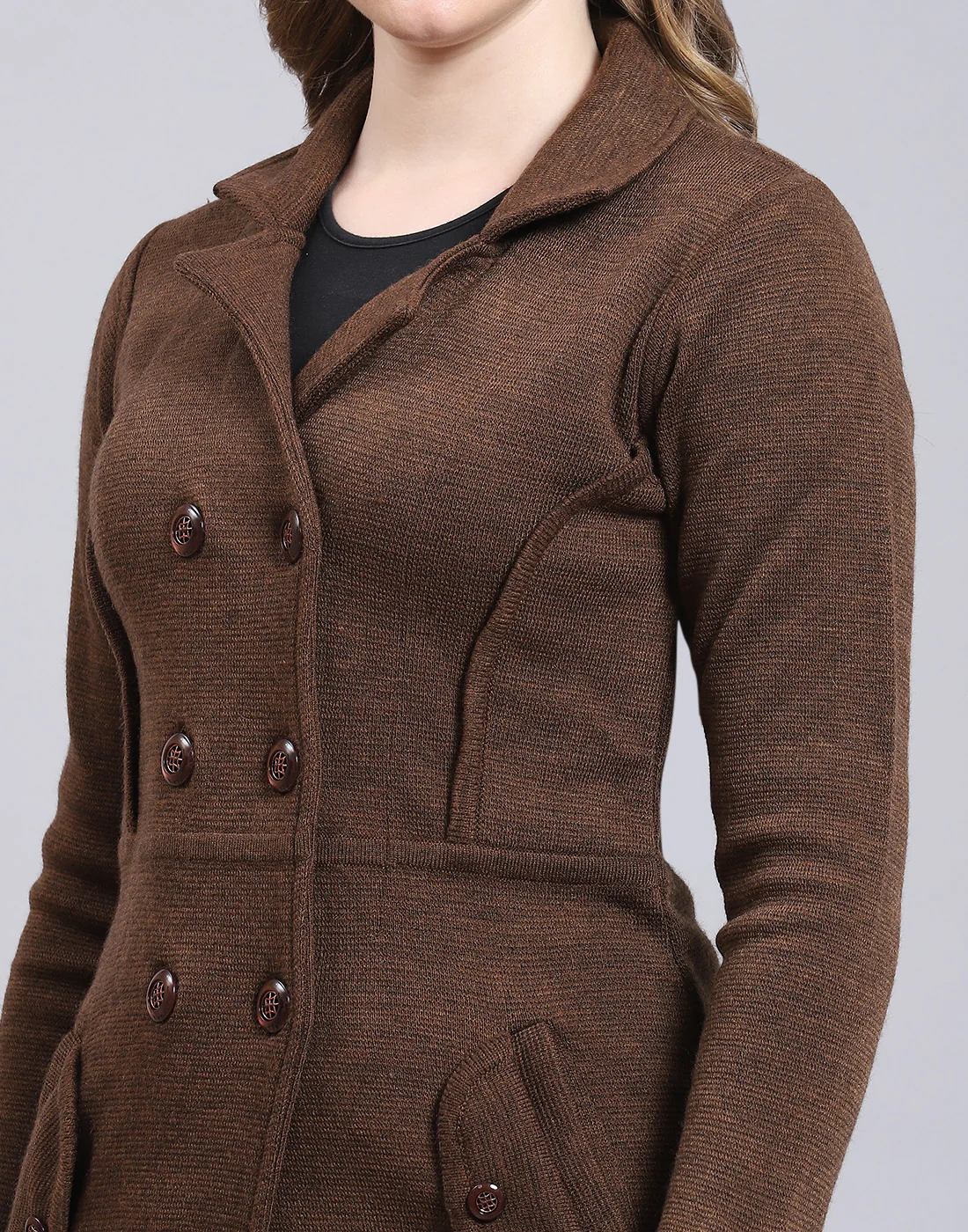 Women Brown Solid Lapel Collar Full Sleeve Cardigan - Image 8