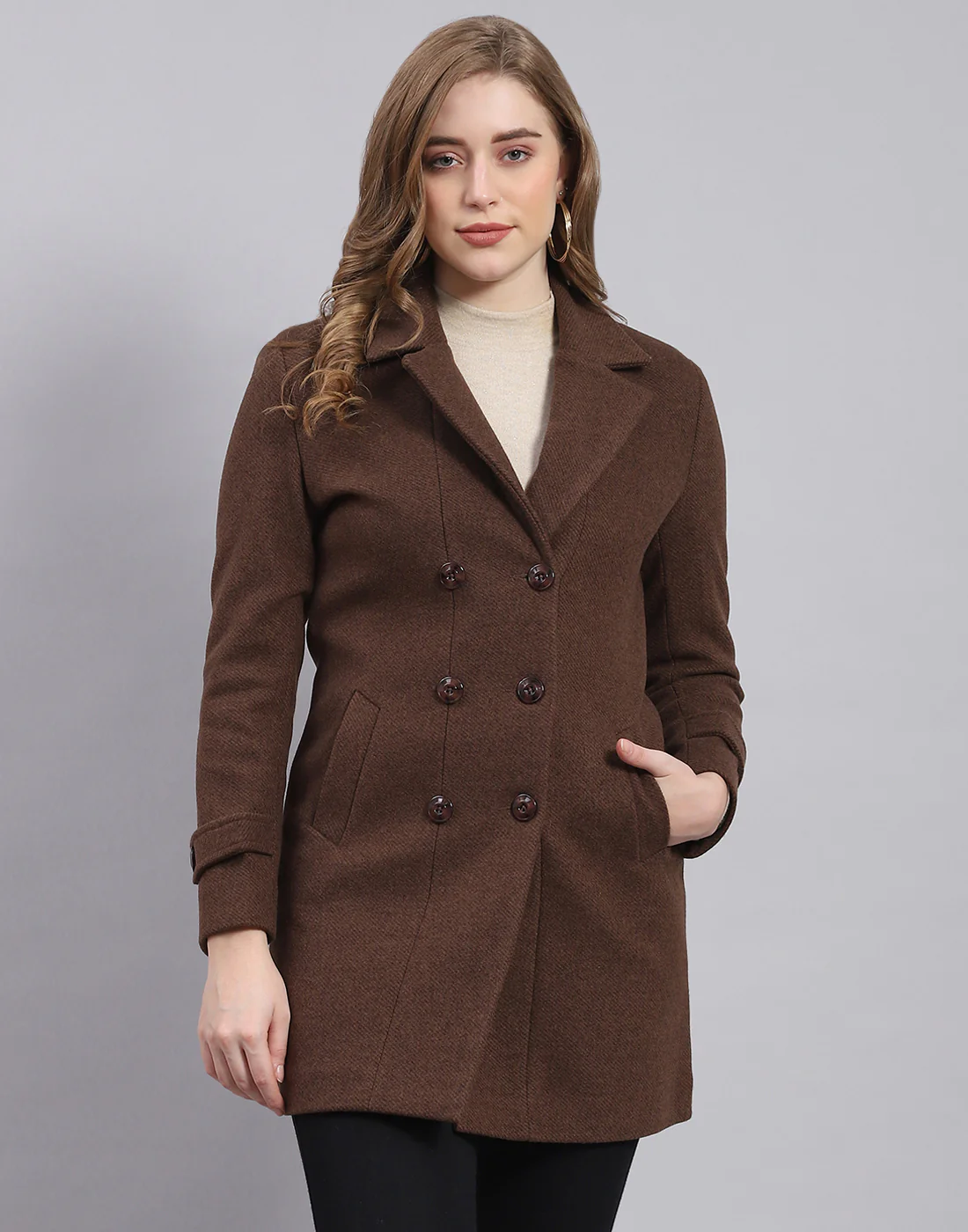 Women Brown Solid Lapel Collar Full Sleeve Coat - Image 2