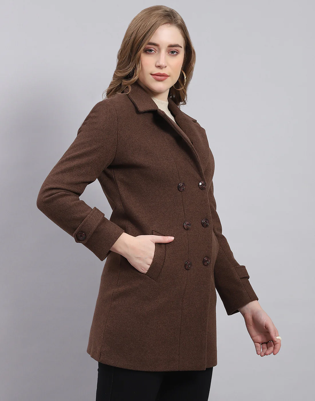 Women Brown Solid Lapel Collar Full Sleeve Coat - Image 4