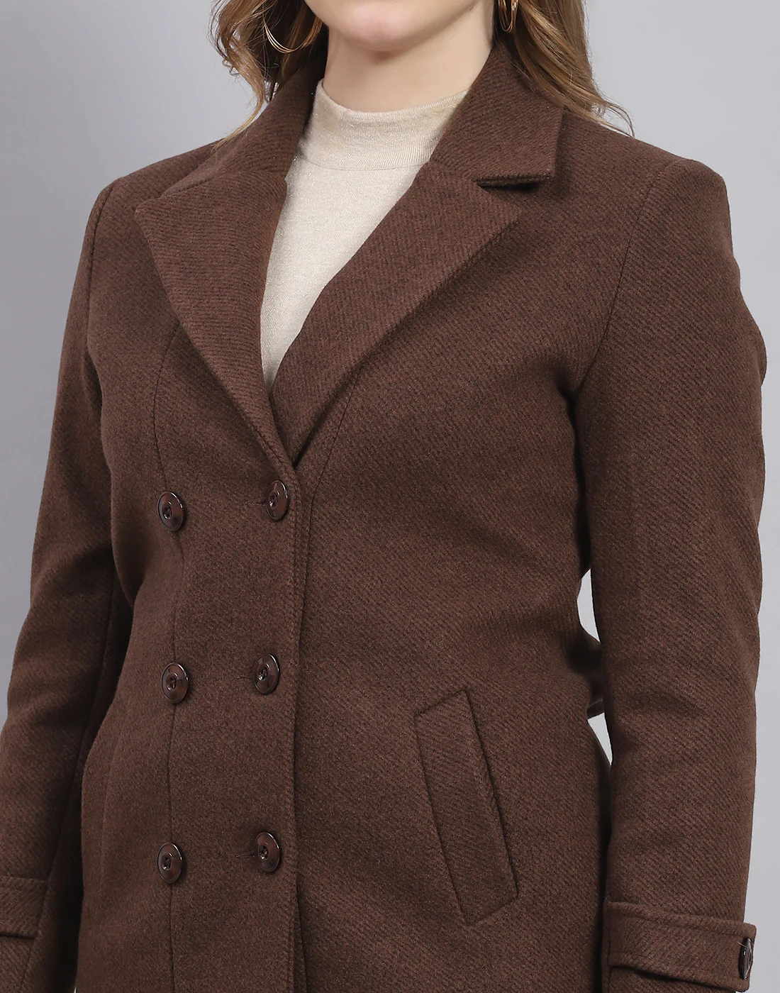 Women Brown Solid Lapel Collar Full Sleeve Coat - Image 6