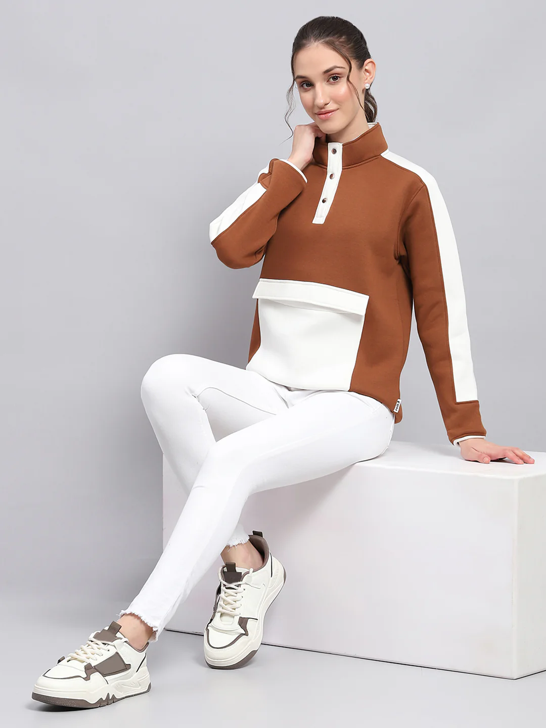 Rock.it Women Brown Solid Mock Neck Full Sleeve Sweatshirt - Image 2