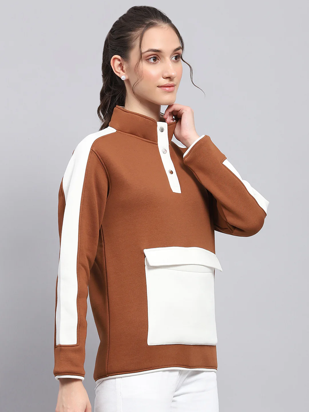 Rock.it Women Brown Solid Mock Neck Full Sleeve Sweatshirt - Image 4