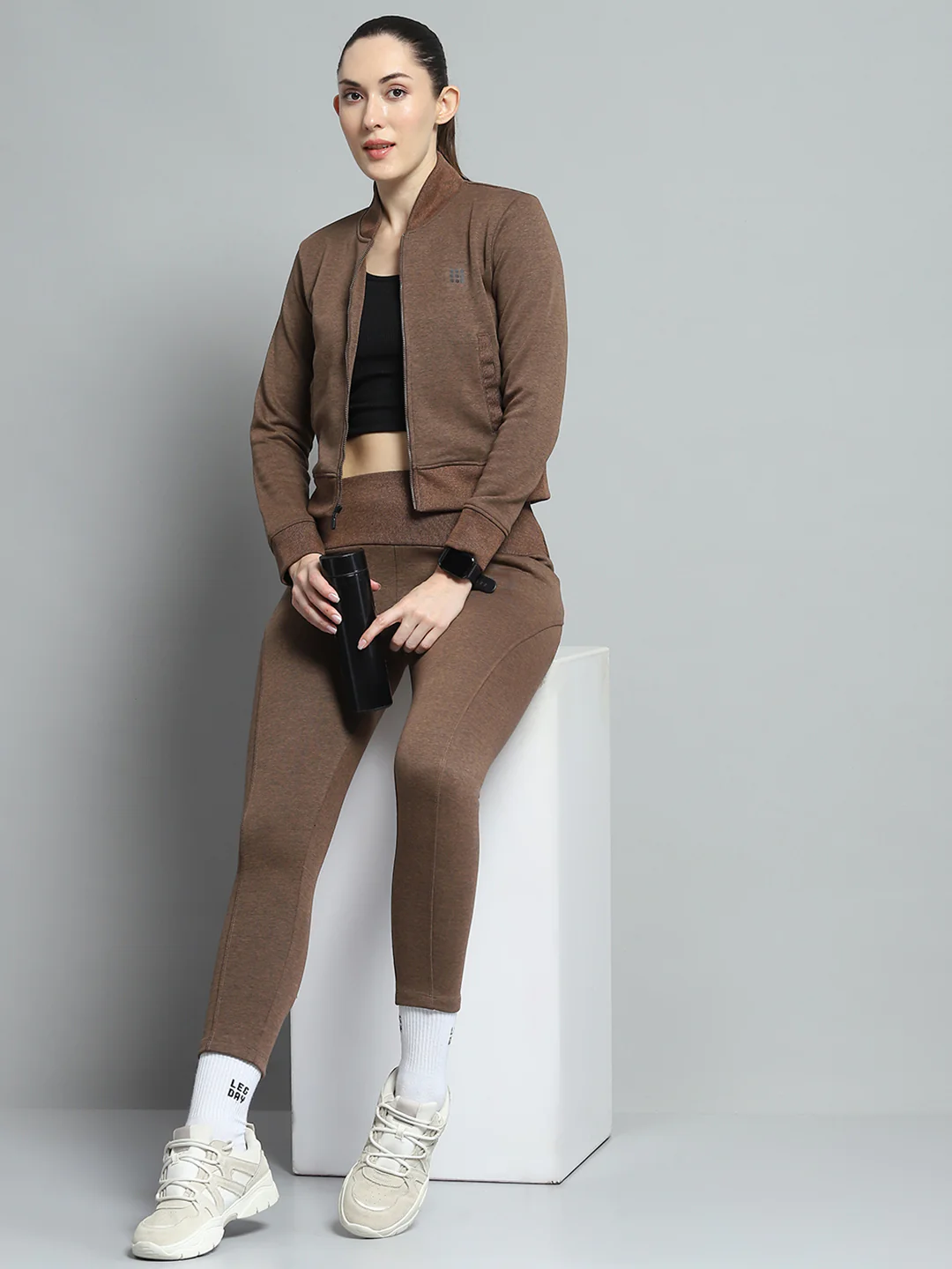 Rock.it Women Brown Solid Mock Neck Full Sleeve Tracksuit - Image 2
