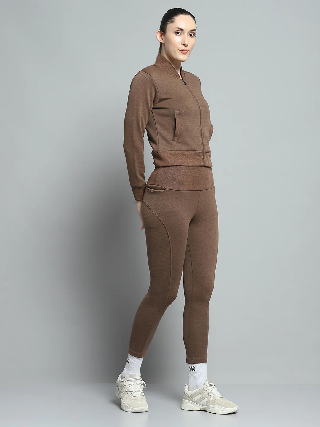 Rock.it Women Brown Solid Mock Neck Full Sleeve Tracksuit - Image 4