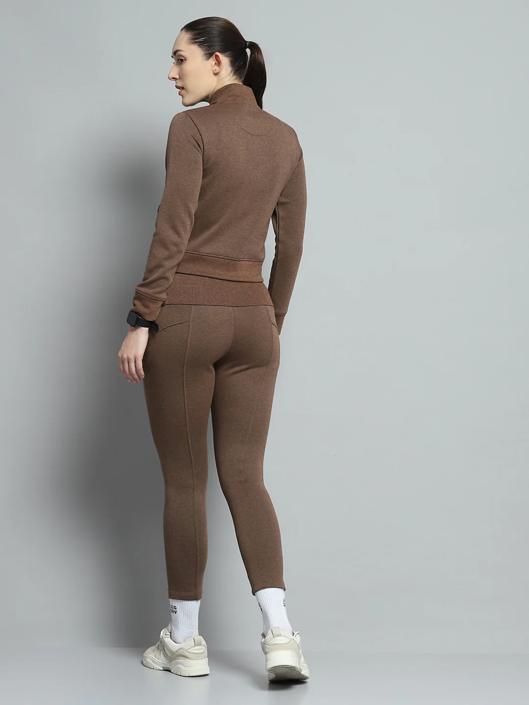 Rock.it Women Brown Solid Mock Neck Full Sleeve Tracksuit - Image 5