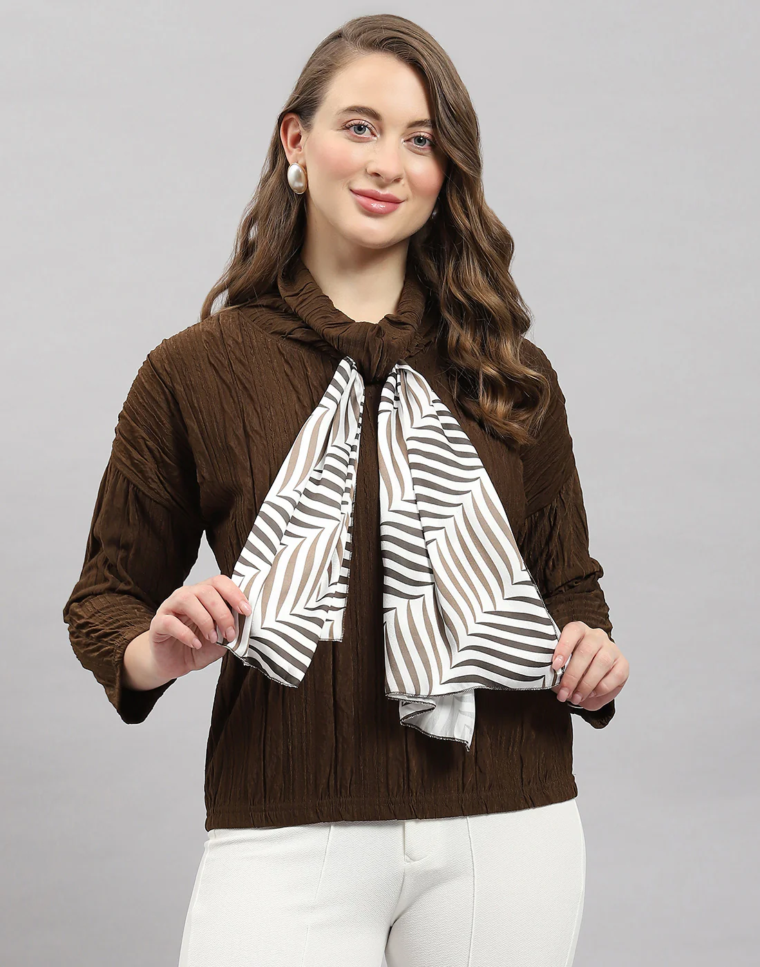 Women Brown Solid Mock Neck Full Sleeve Winter Top - Image 2