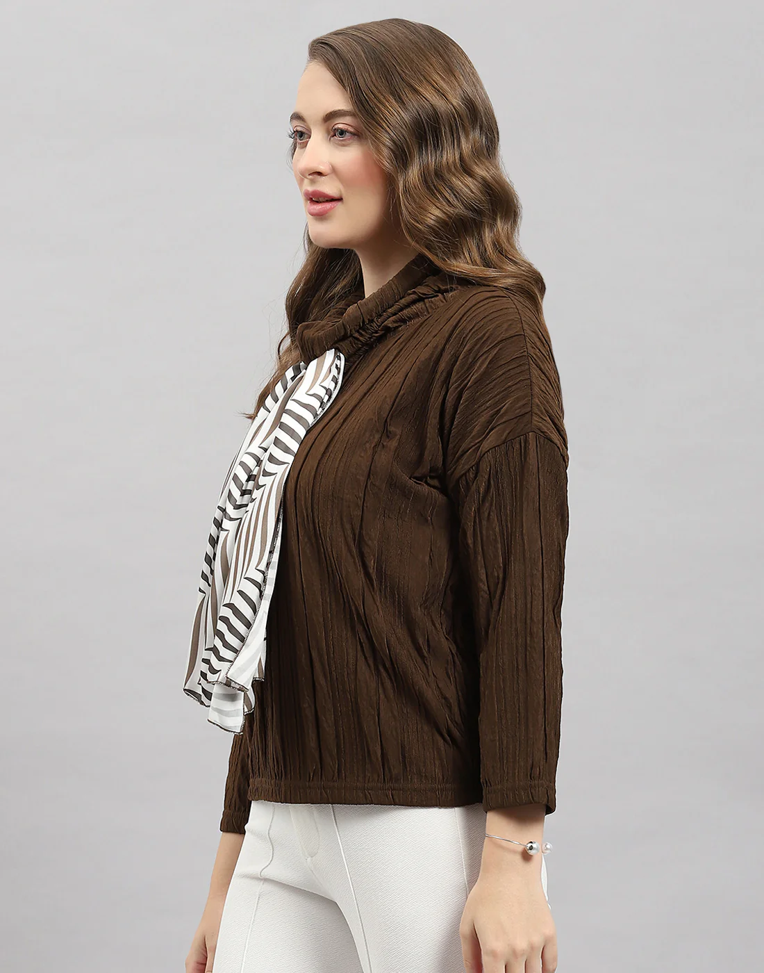 Women Brown Solid Mock Neck Full Sleeve Winter Top - Image 3