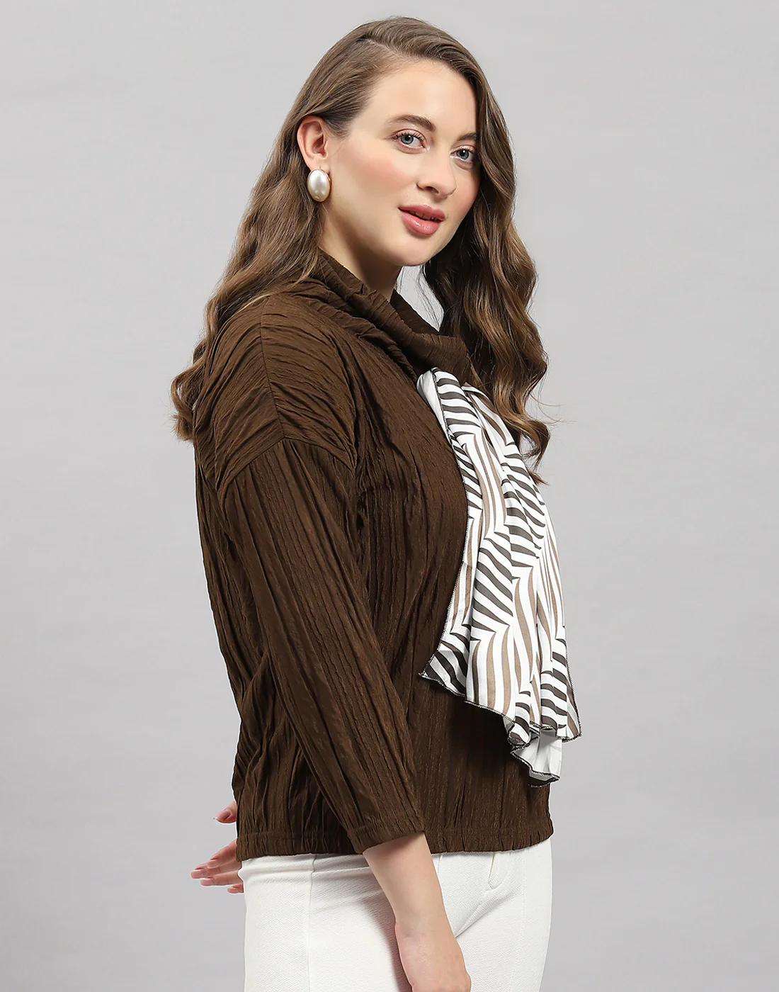 Women Brown Solid Mock Neck Full Sleeve Winter Top - Image 4