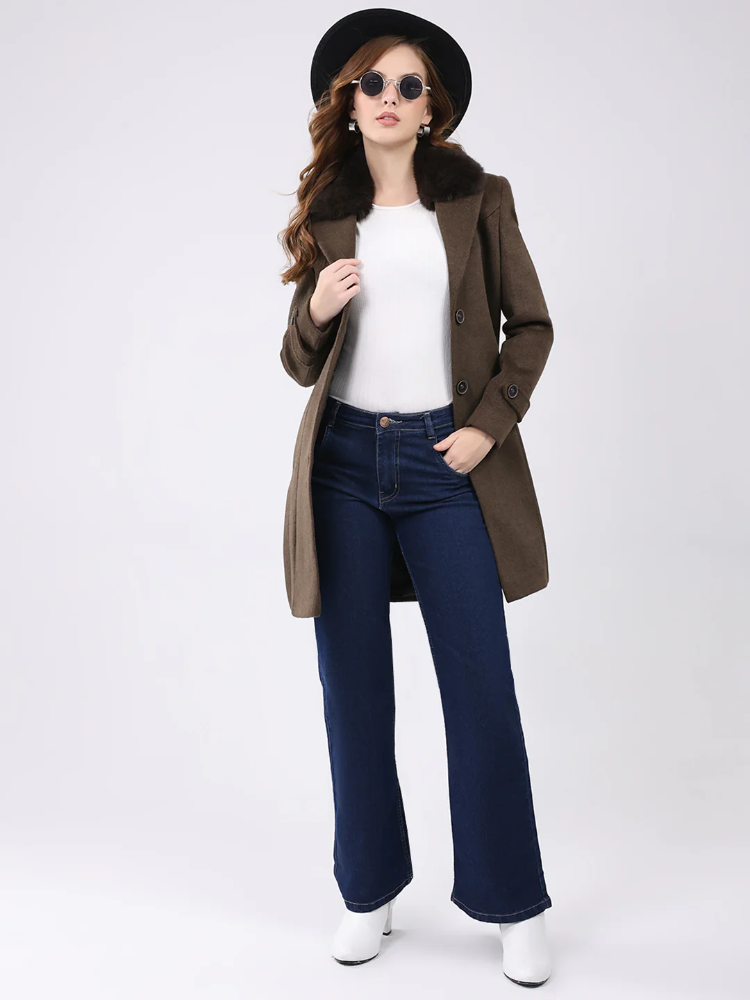 Women Brown Solid Notch Lapel Collar Full Sleeve Coat - Image 2