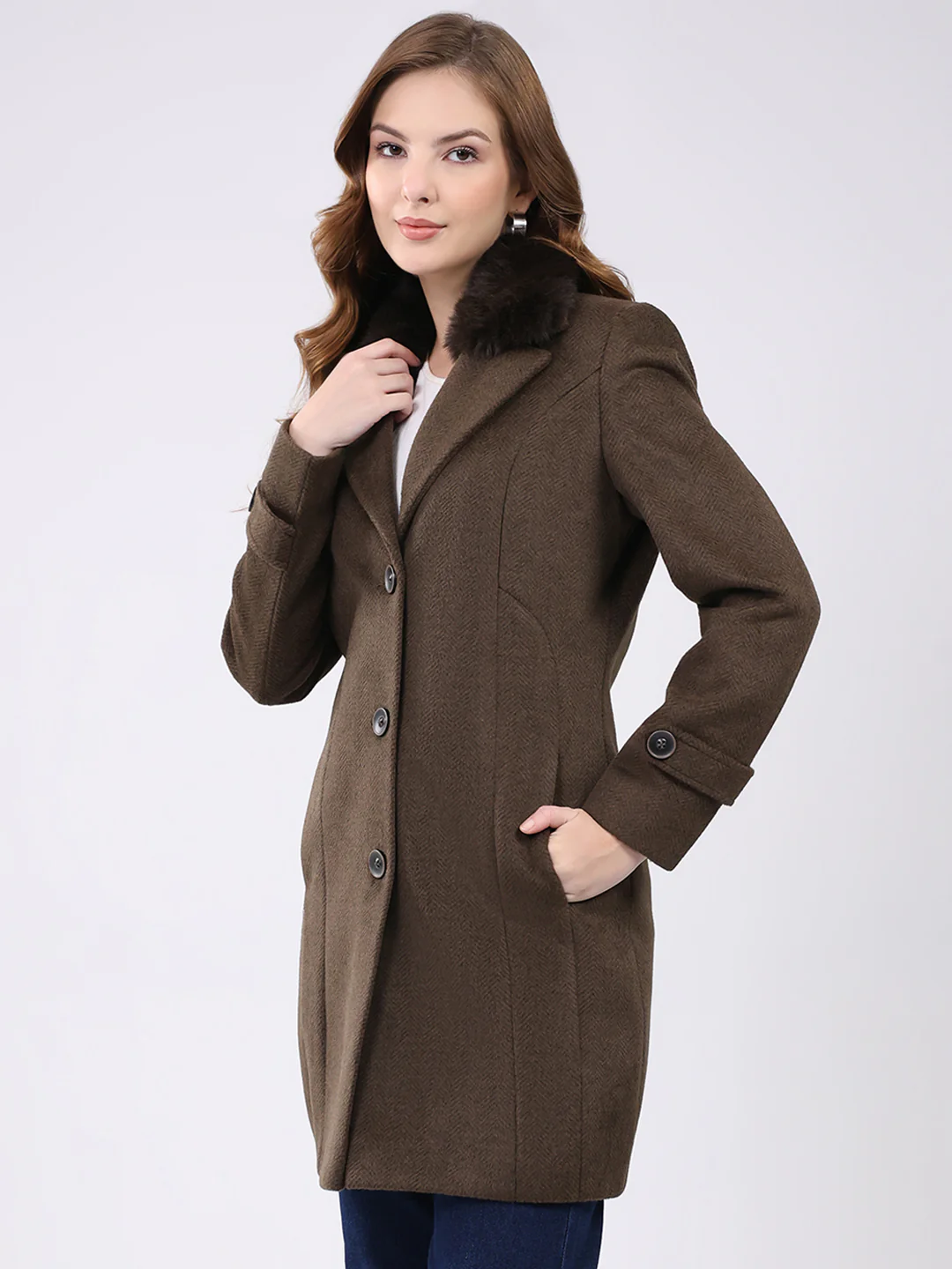 Women Brown Solid Notch Lapel Collar Full Sleeve Coat - Image 3