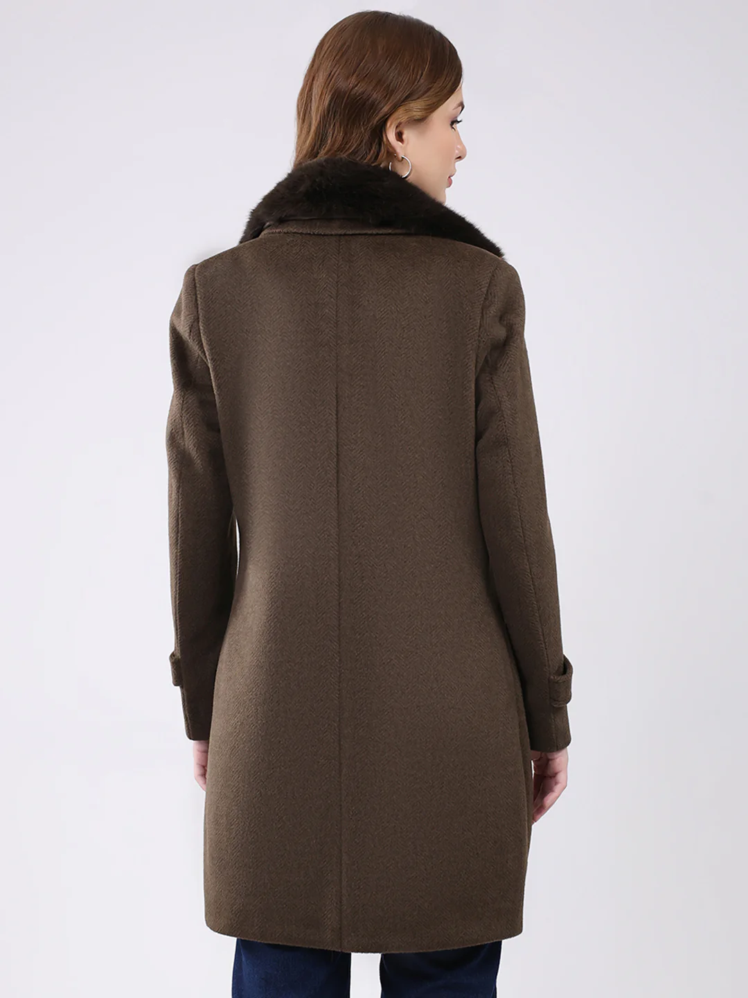 Women Brown Solid Notch Lapel Collar Full Sleeve Coat - Image 5