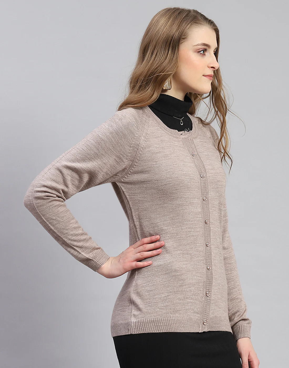 Women Brown Solid Round Neck Full Sleeve Cardigan - Image 4