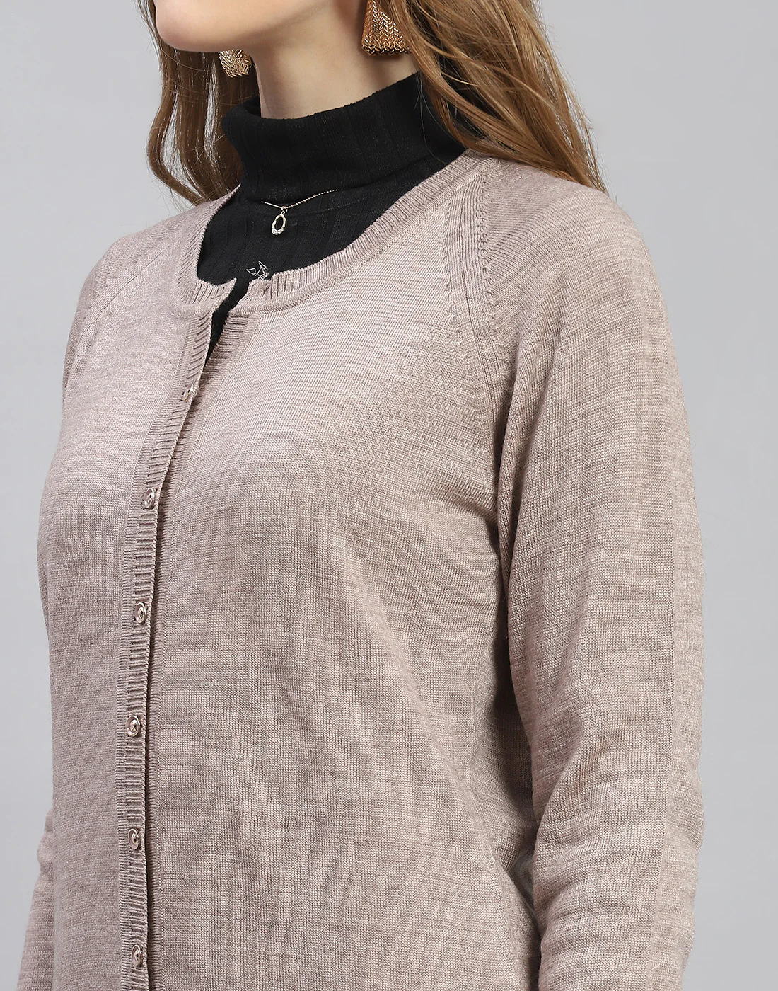 Women Brown Solid Round Neck Full Sleeve Cardigan - Image 6