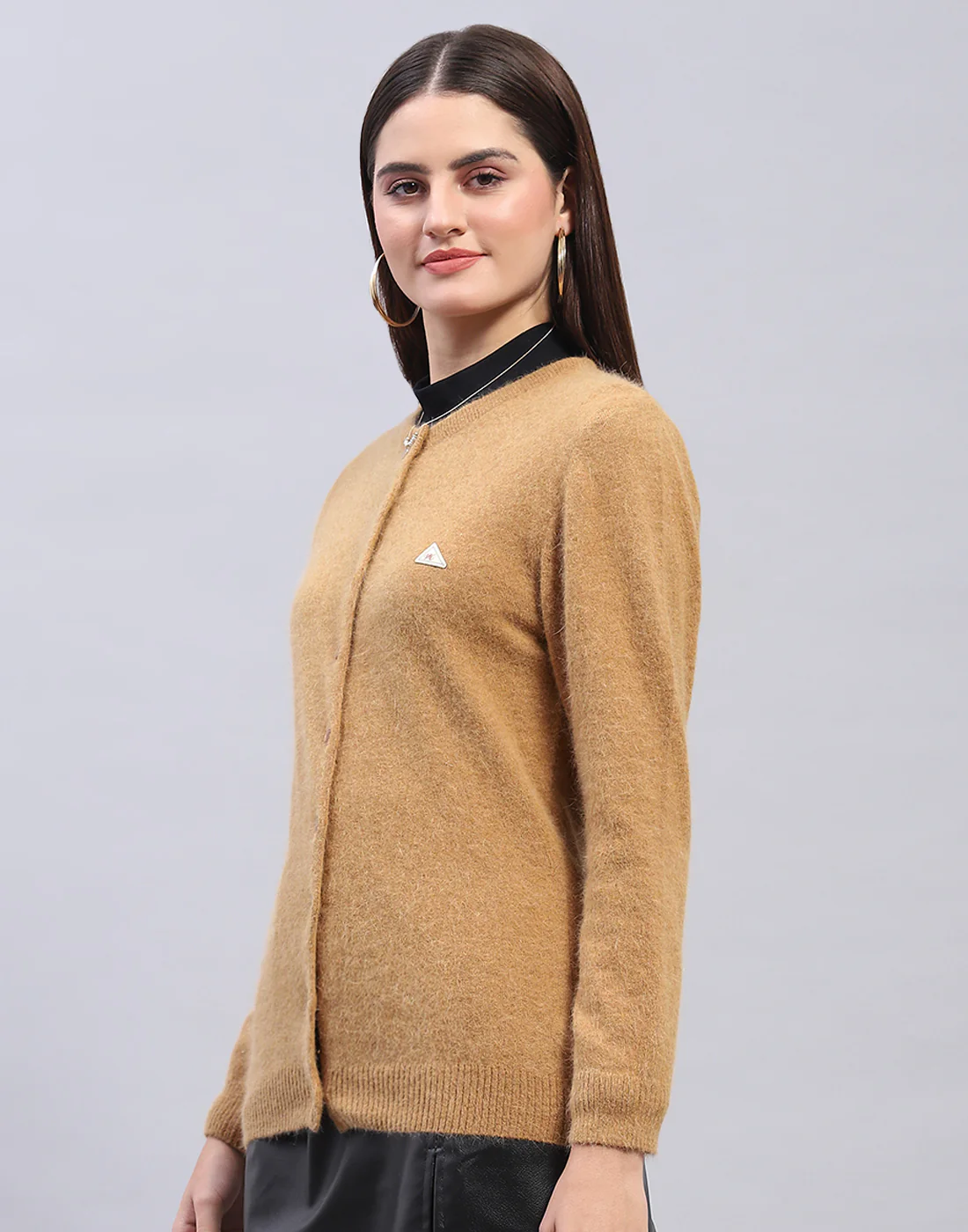 Women Brown Solid Round Neck Full Sleeve Cardigan - Image 3