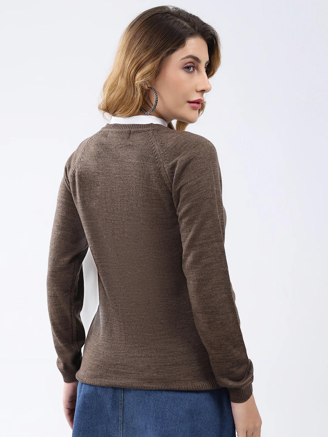 Women Brown Solid Round Neck Full Sleeve Cardigan - Image 5