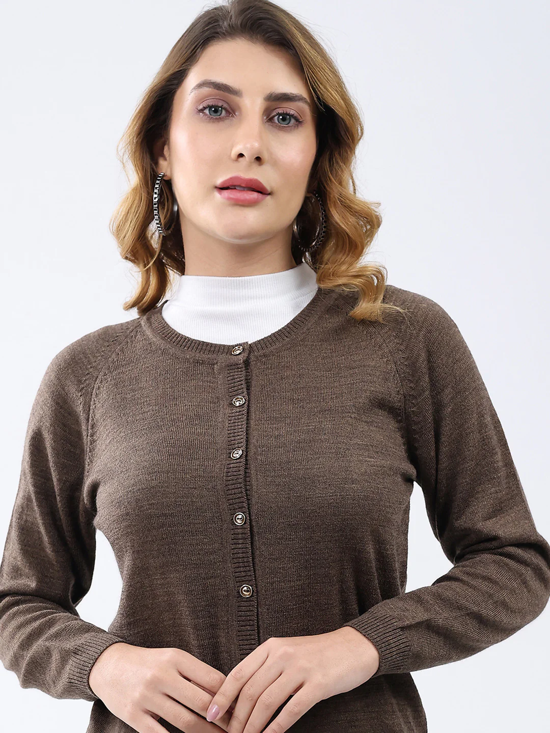 Women Brown Solid Round Neck Full Sleeve Cardigan - Image 6