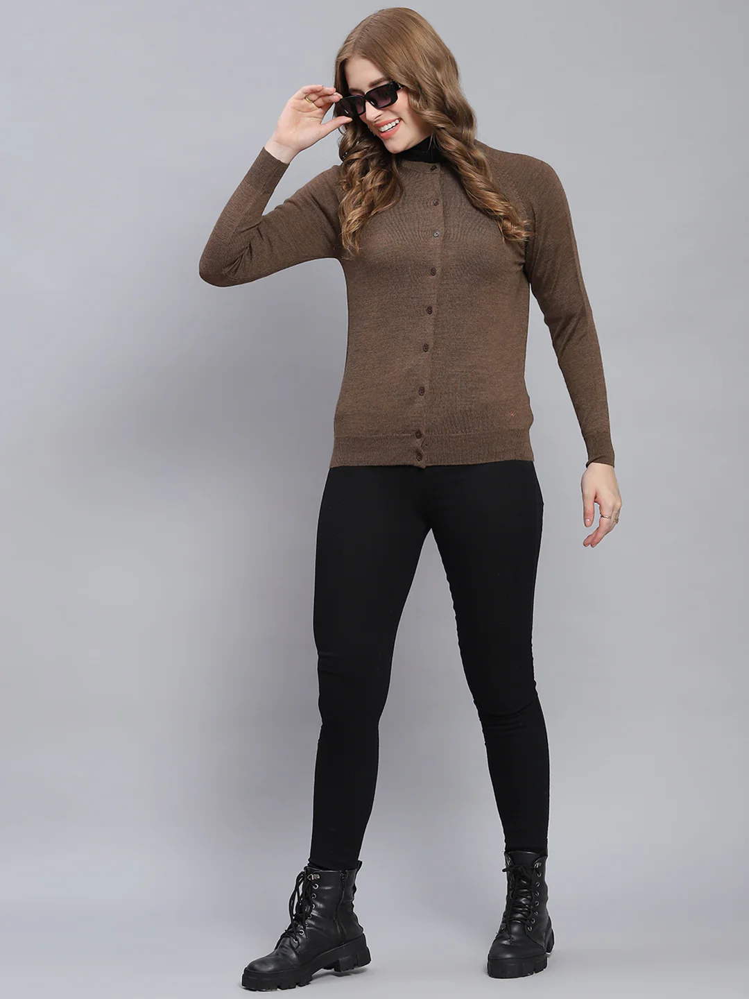 Women Brown Solid Round Neck Full Sleeve Cardigans - Image 2