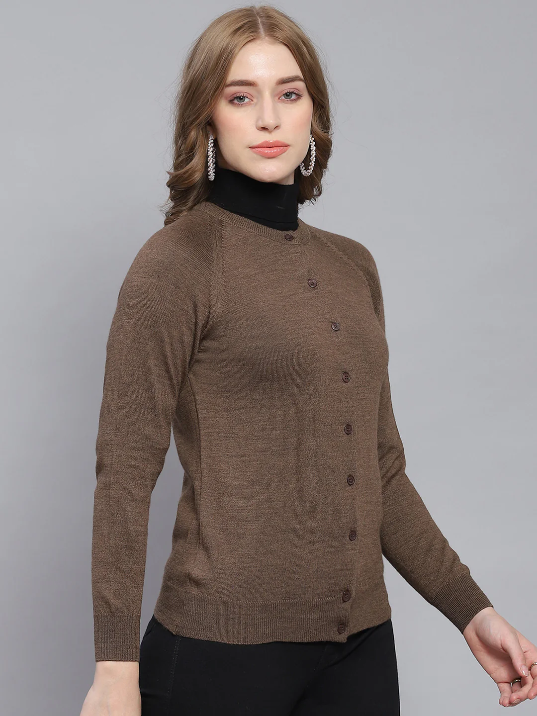Women Brown Solid Round Neck Full Sleeve Cardigans - Image 4