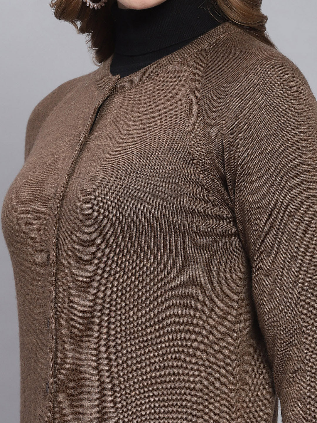 Women Brown Solid Round Neck Full Sleeve Cardigans - Image 6