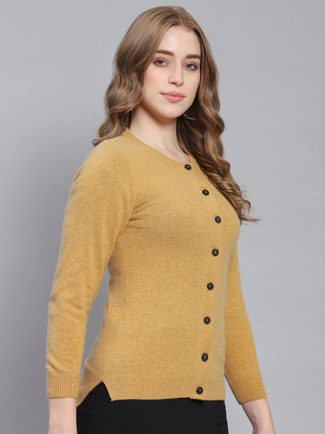 Women Brown Solid Round Neck Full Sleeve Cardigans - Image 4