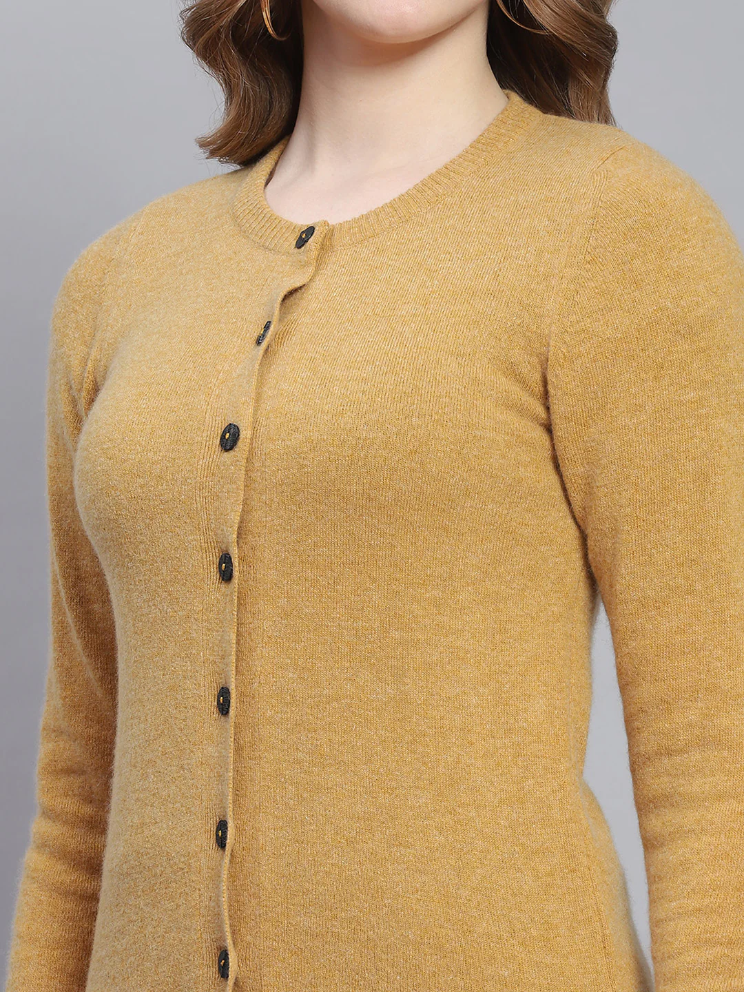 Women Brown Solid Round Neck Full Sleeve Cardigans - Image 6