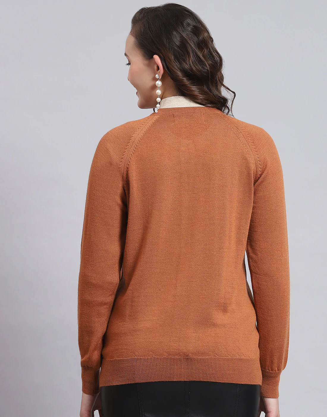 Women Brown Solid Round Neck Full Sleeve Sweater - Image 5