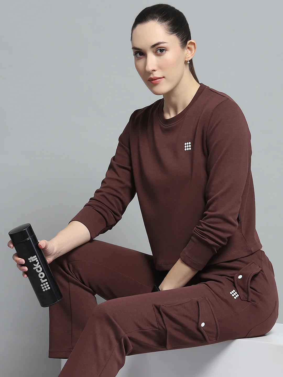 Rock.it Women Brown Solid Round Neck Full Sleeve Tracksuit - Image 7