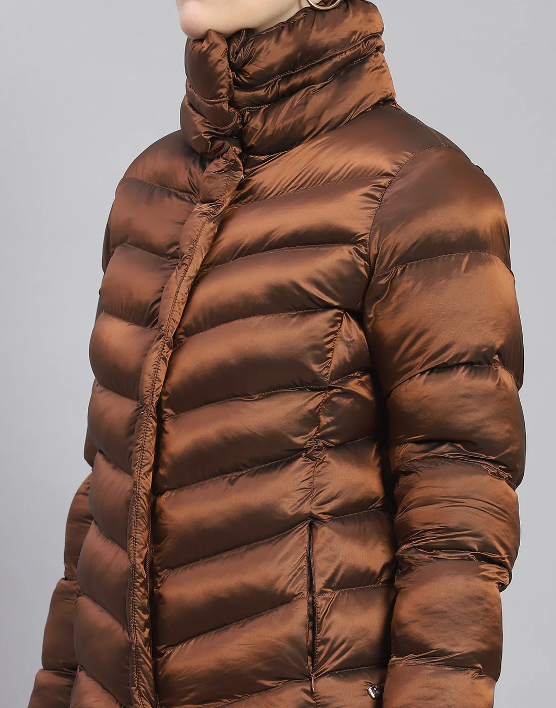 Women Brown Solid Stand Collar Full Sleeve Jacket - Image 6