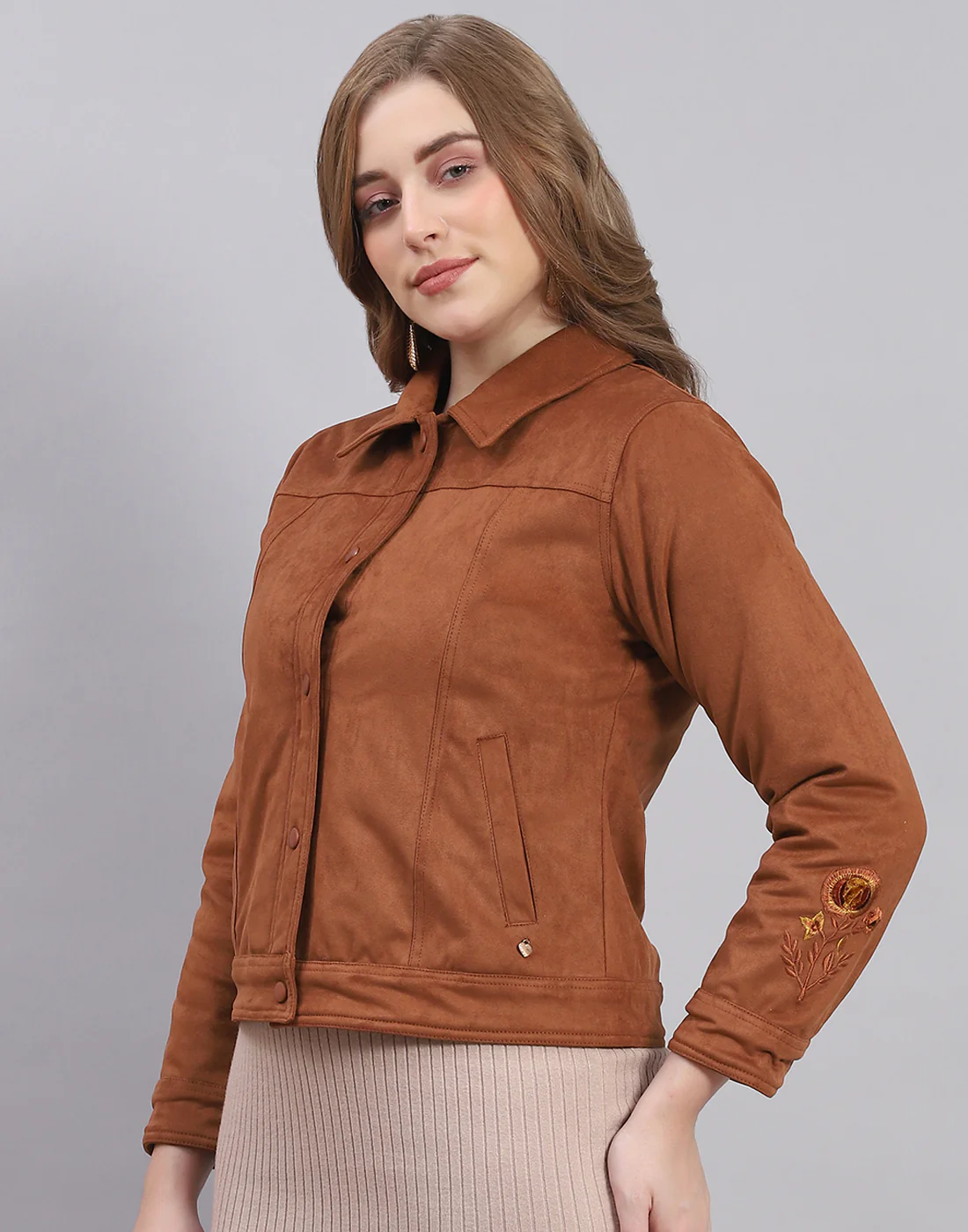 Women Brown Solid Stand Collar Full Sleeve Jacket - Image 3