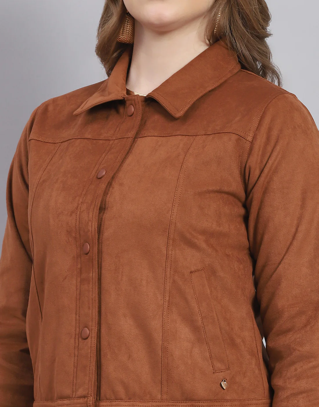 Women Brown Solid Stand Collar Full Sleeve Jacket - Image 6