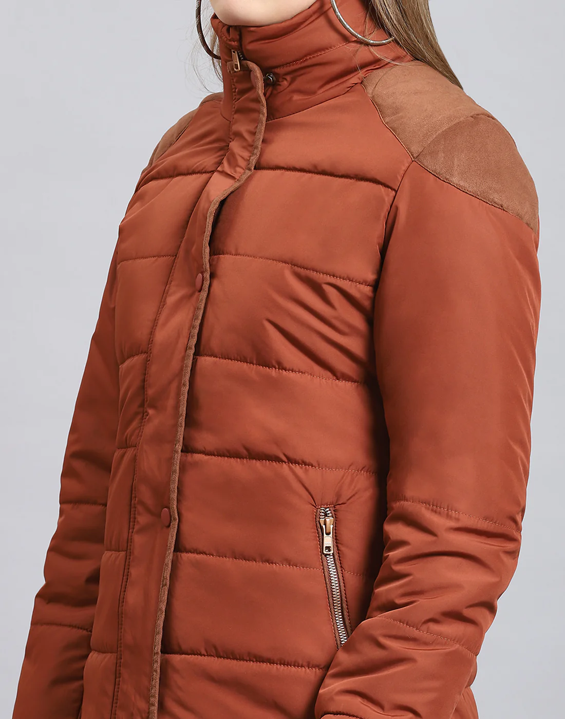 Women Brown Solid Stand Collar Full Sleeve Jacket - Image 7