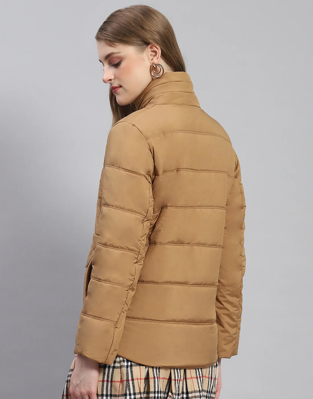 Women Brown Solid Stand Collar Full Sleeve Jacket - Image 5