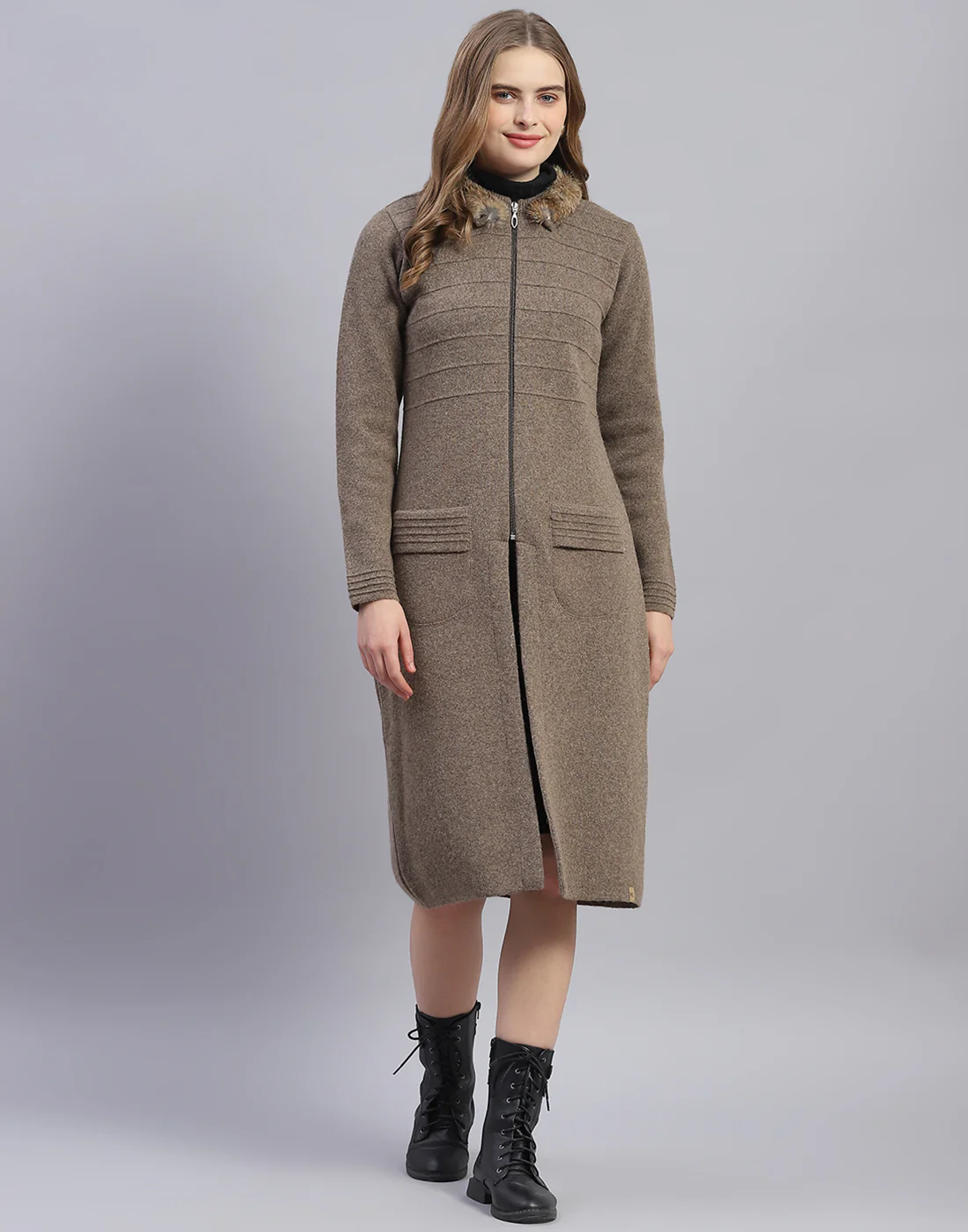 Women Brown Solid Stand Collar Full Sleeve Sweater - Image 2