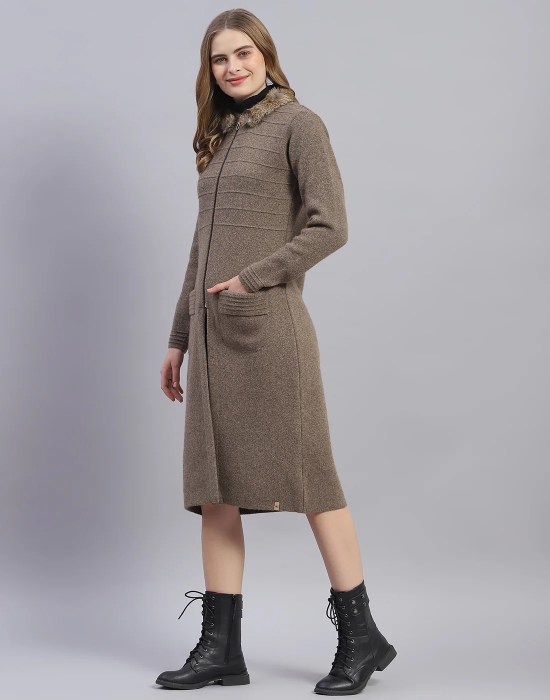 Women Brown Solid Stand Collar Full Sleeve Sweater - Image 3