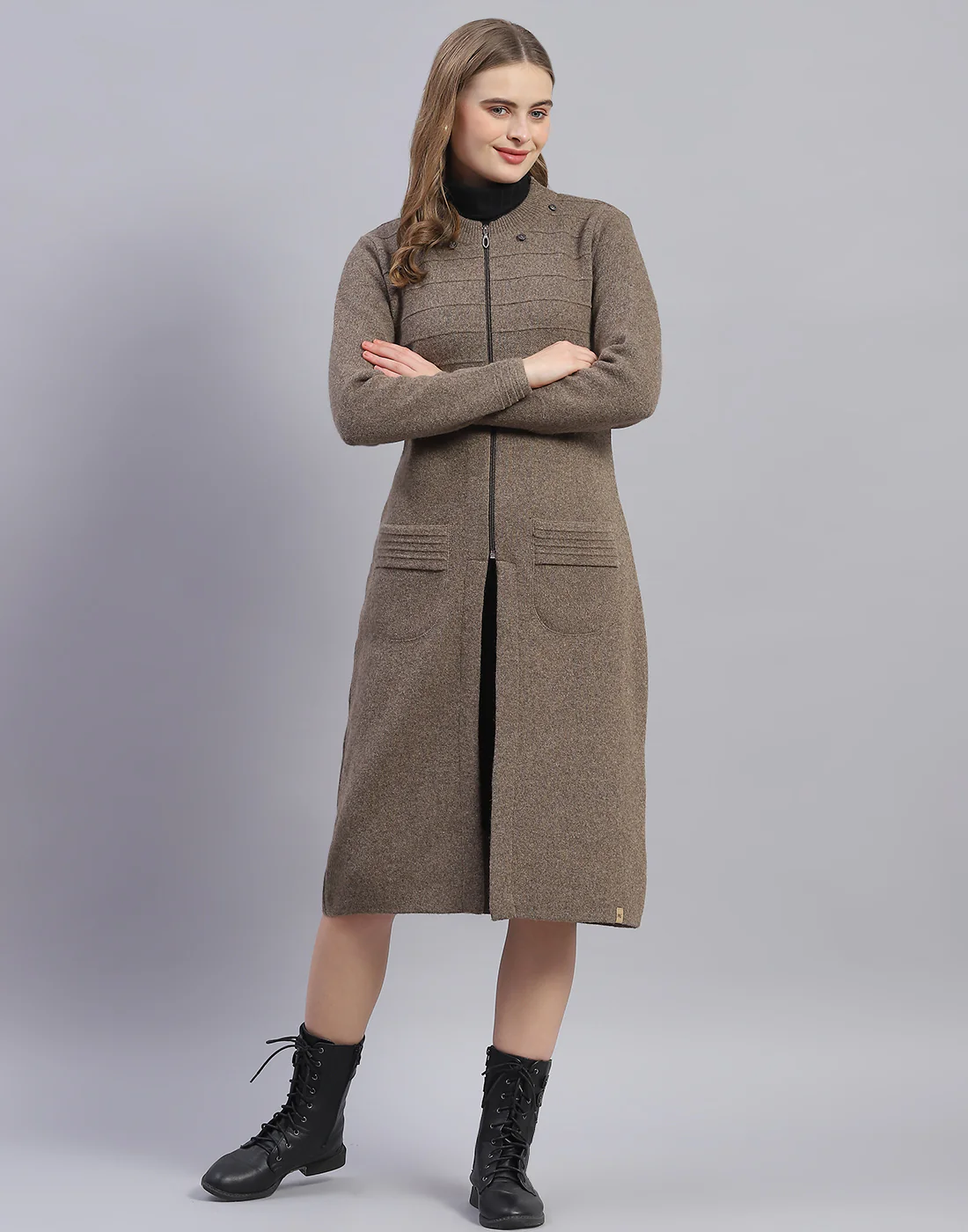 Women Brown Solid Stand Collar Full Sleeve Sweater - Image 6