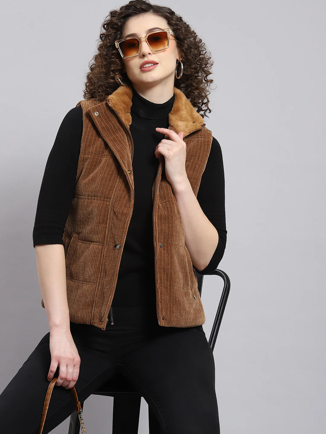 Women Brown Solid Stand Collar Sleeveless Jacket - Image 2